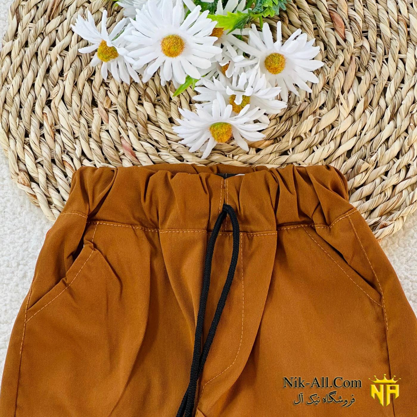 شلوارک کتان کاغذی قهوه ای دایناسور